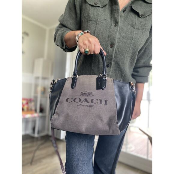 COACH Horse & Carriage Black Leather Gray Jacquard Satchel Elise Logo Bag - Picture 2 of 16